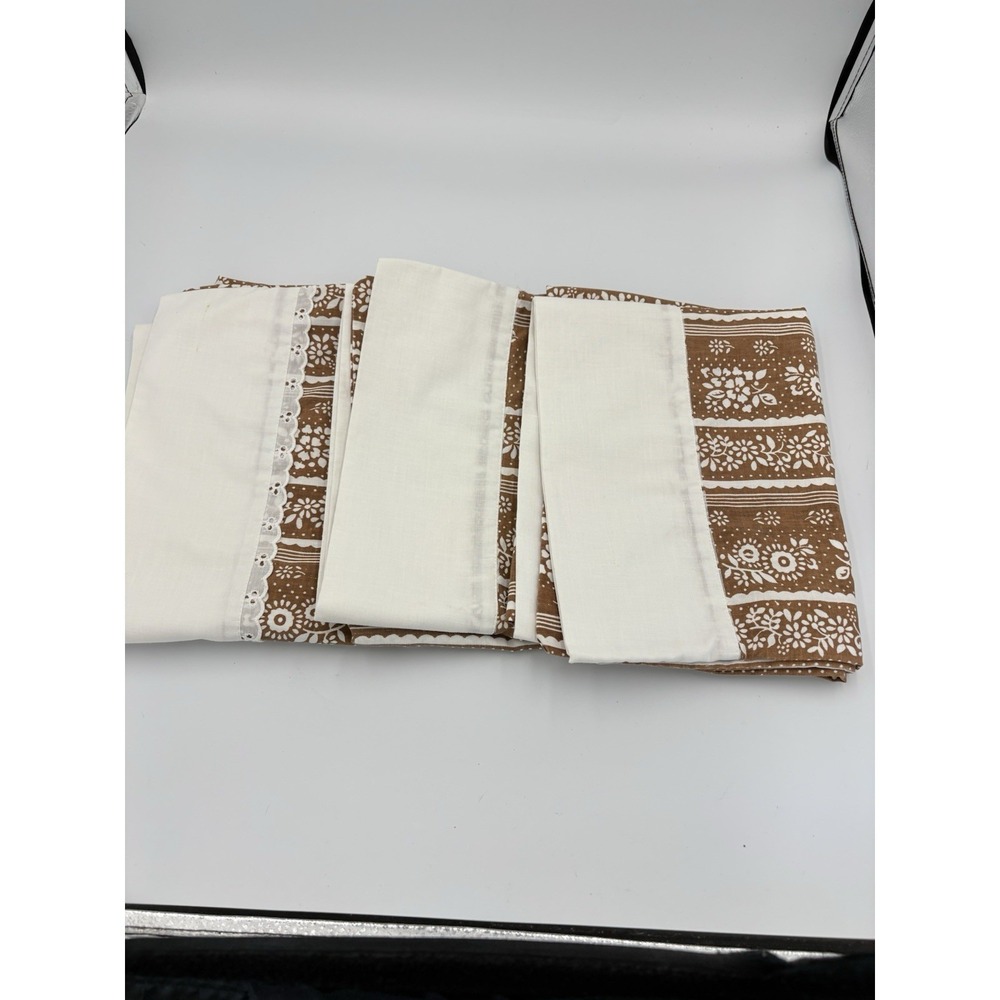 Set 3  Vintage Brown Floral Pillow Cases Cotton Standard Sz 70's Era Lace - Picture 2 of 5